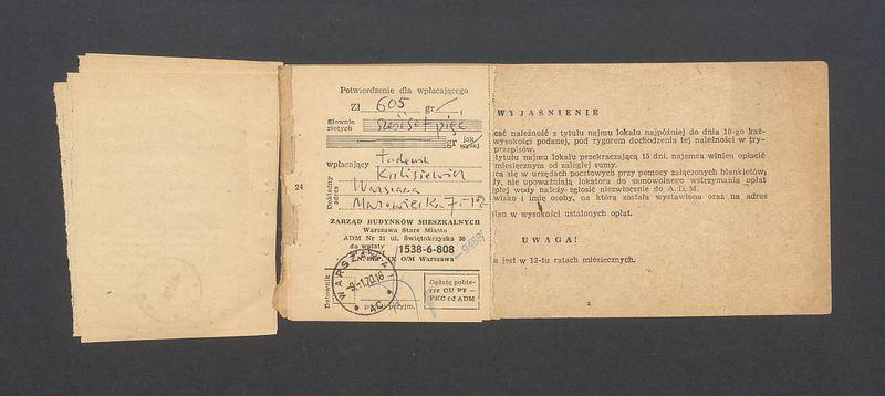 Książeczka opłat z tytułu najmu lokalu w Warszawie, na ulicy Mazowieckiej 7 m.12, część I