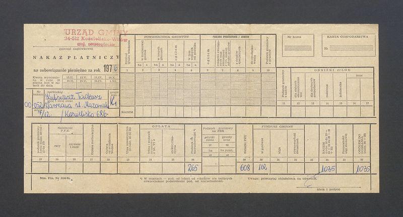 Nakaz płatniczy na zobowiązania pieniężne za rok 1976 (podatek od nieruchomości i działki w Kościelisku 68b)