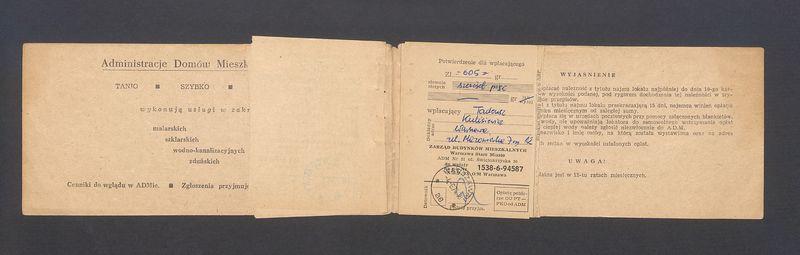 Książeczka opłat z tytułu najmu lokalu w Warszawie na ulicy Mazowieckiej 7 m.12, część I