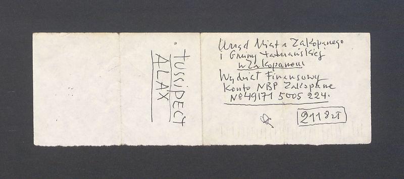 Karteczka z adresem Urzędu Miasta i Gminy Zakopane, numerem konta Wydziału Finansowego Urzędu