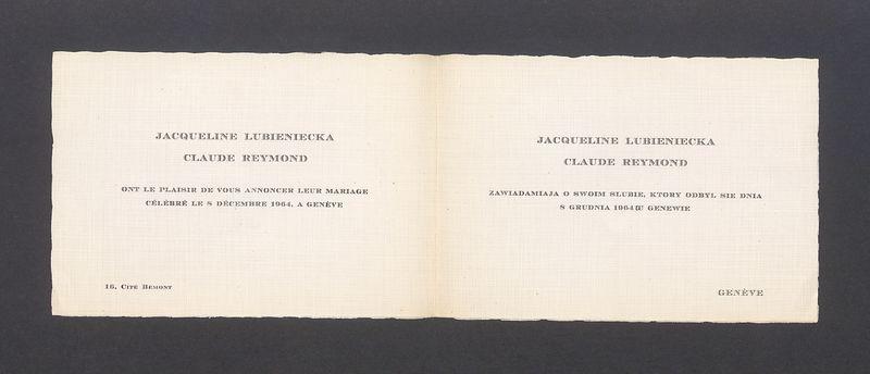 Zawiadomienie o ślubie Jacqueline Lubienieckiej i Claude'a Reymonda