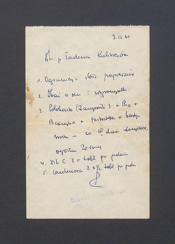 Zalecenia lekarskie, zapisane przez Doc. dr  med. Józefa Rydygiera dla T Kulisiewicza