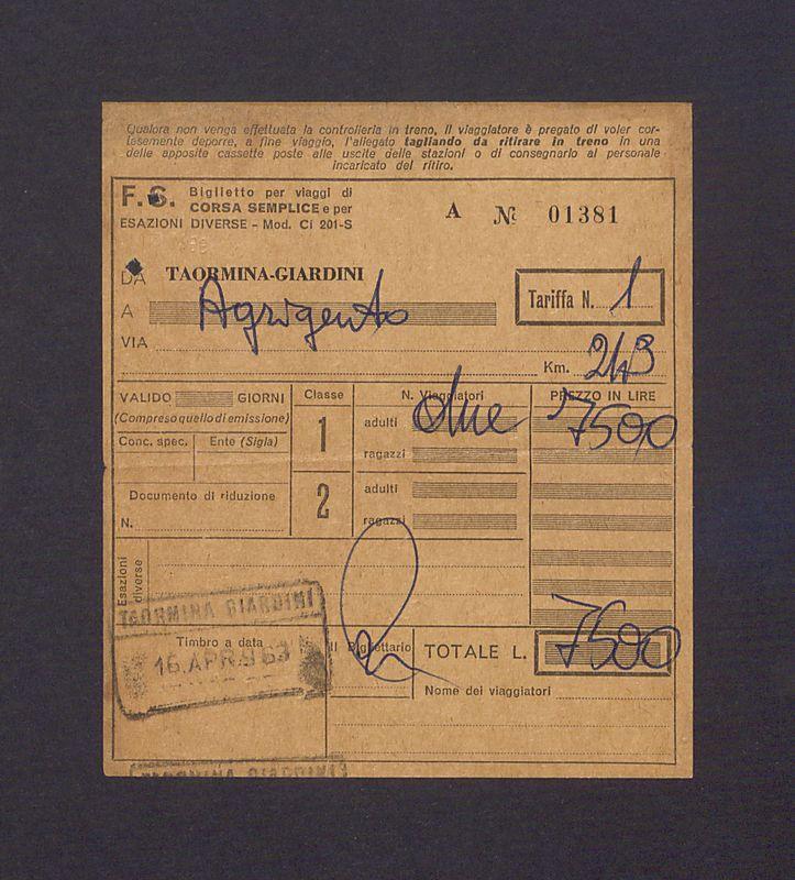 Bilet kolejowy na przejazd z Taorminy - Giardii do Agrigento