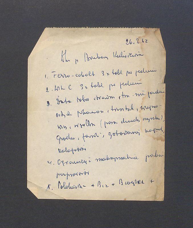 Zalecenia lekarskie, zapisane przez Doc. dr  med. Józefa Rydygiera dla B. Kulisiewicz