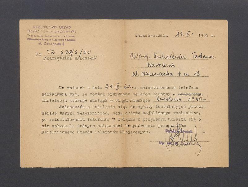 Zawiadomienie o przyznaniu telefonu końcowego i jego instalacji w ciągu kwietnia 1960 r.