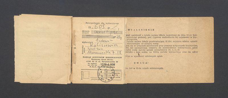 Książeczka opłat z tytułu najmu lokalu w Warszawie, na ulicy Mazowieckiej 7 m.12, część I