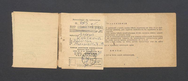 Książeczka opłat z tytułu najmu lokalu w Warszawie, na ulicy Mazowieckiej 7 m.12, część I