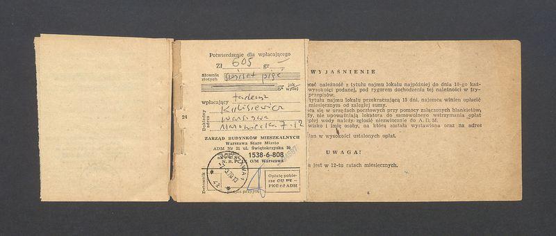 Książeczka opłat z tytułu najmu lokalu w Warszawie, na ulicy Mazowieckiej 7 m.12, część I