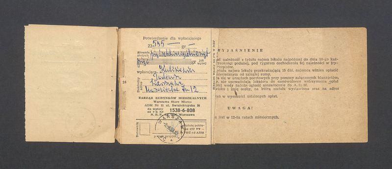 Książeczka opłat z tytułu najmu lokalu w Warszawie, na ulicy Mazowieckiej 7 m.12, część I