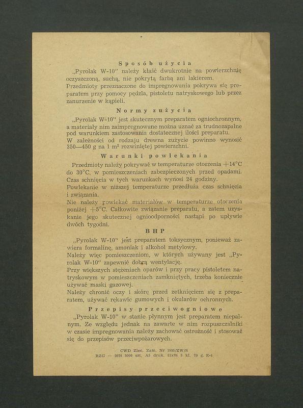 Instrukcja stosowania preparatu ogniochronnego "Pyrlak W-10"