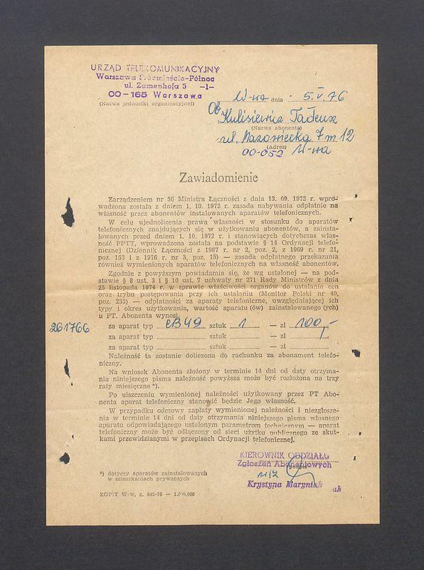 Zawiadomienie w sprawie zarządzenia Ministra Łączności o możliwości nabywania odpłatnie na własność aparatów telefonicznych przez abonentów