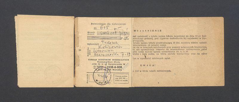 Książeczka opłat z tytułu najmu lokalu w Warszawie, na ulicy Mazowieckiej 7 m.12, część I