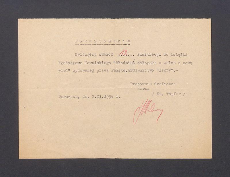 Pokwitowanie odbioru ilustracji do książki "Młodzież chłopska  w walce o nową wieś"