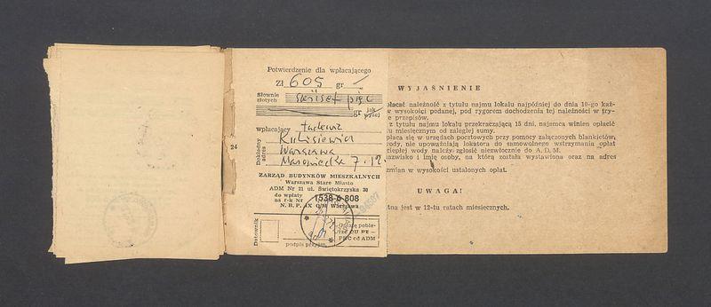 Książeczka opłat z tytułu najmu lokalu w Warszawie, na ulicy Mazowieckiej 7 m.12, część II