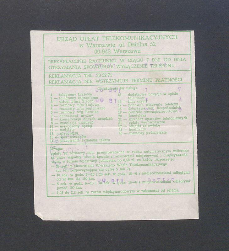 Rachunek telefoniczny (odcinek dla abonenta), za grudzień 1975r.