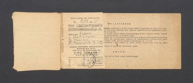 Książeczka opłat z tytułu najmu lokalu w Warszawie, na ulicy Mazowieckiej 7 m.12, część II