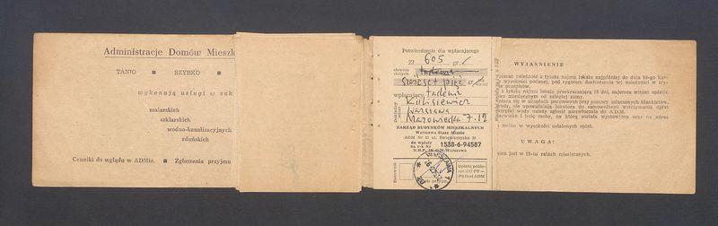Książeczka opłat z tytułu najmu lokalu w Warszawie na ulicy Mazowieckiej 7 m.12, część I