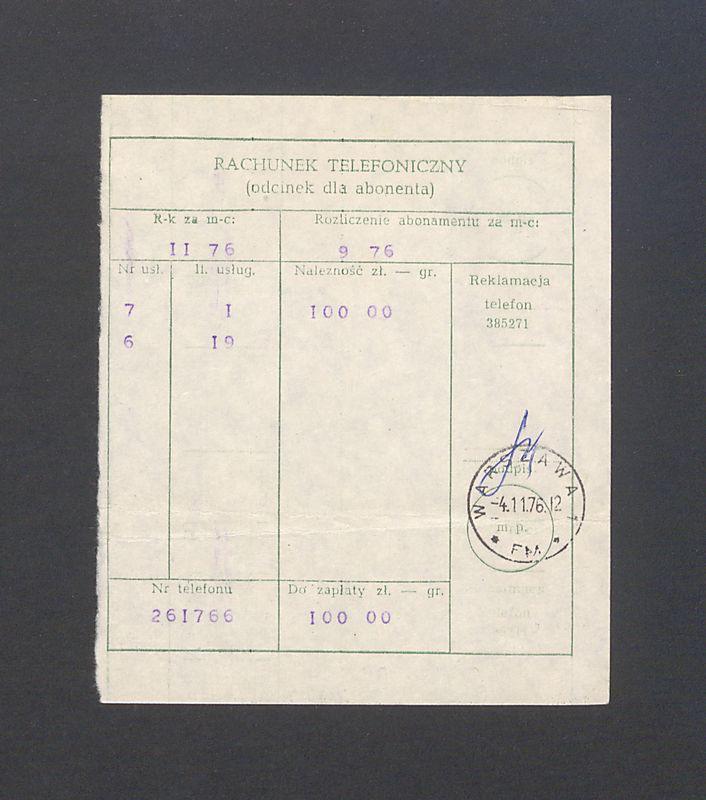 Rachunek telefoniczny (odcinek dla abonenta), za listopad 1976r. 