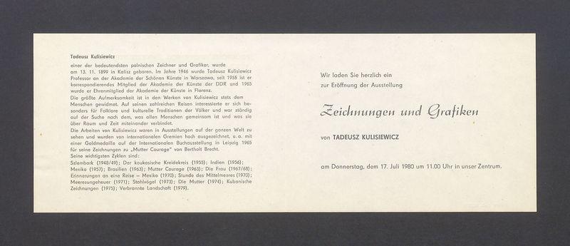 Wir laden Sie herzlich ein zur Eroffnung der Ausstellung "Zeichnungen und Grafiken von Tadeusz Kulisiewicz"