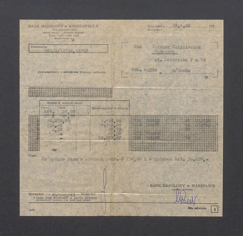 Zawiadomienie z Banku Handlowego w Warszawie o obciążeniu rachunku 