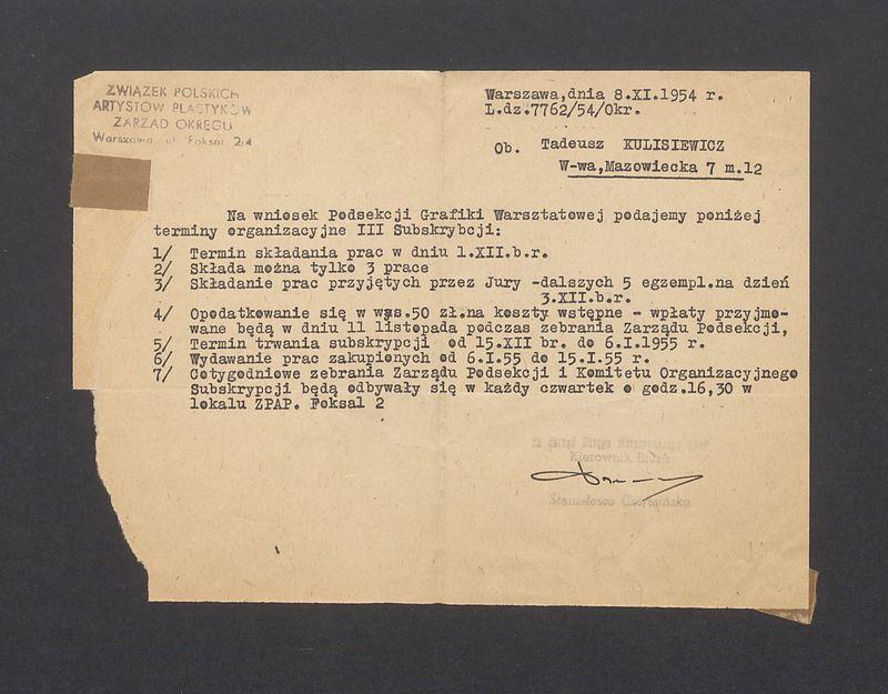 Związek Polskich Artystów Plastyków: terminy organizacyjne III subskrypcji