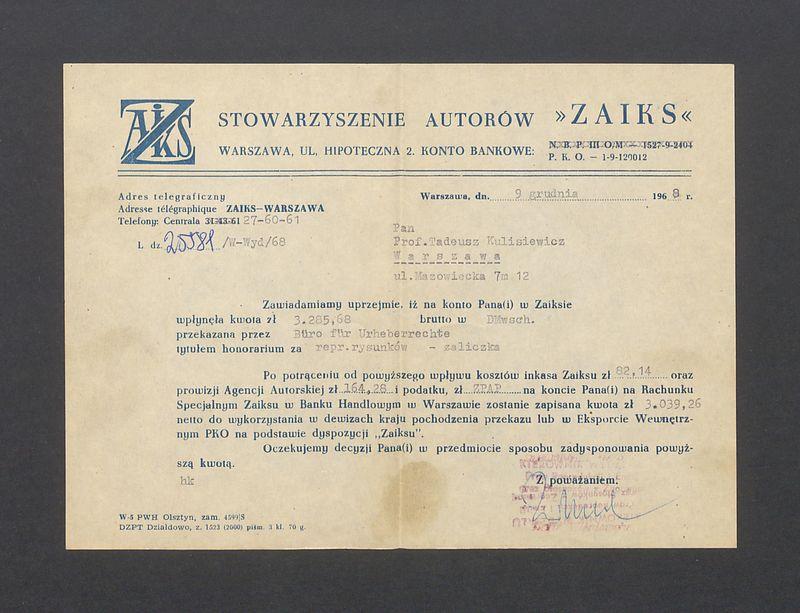 Stowarzyszenie autorów "Zaiks": zawiadomienie o wpłynięciu na konto zaliczki honorarium pieniężnego