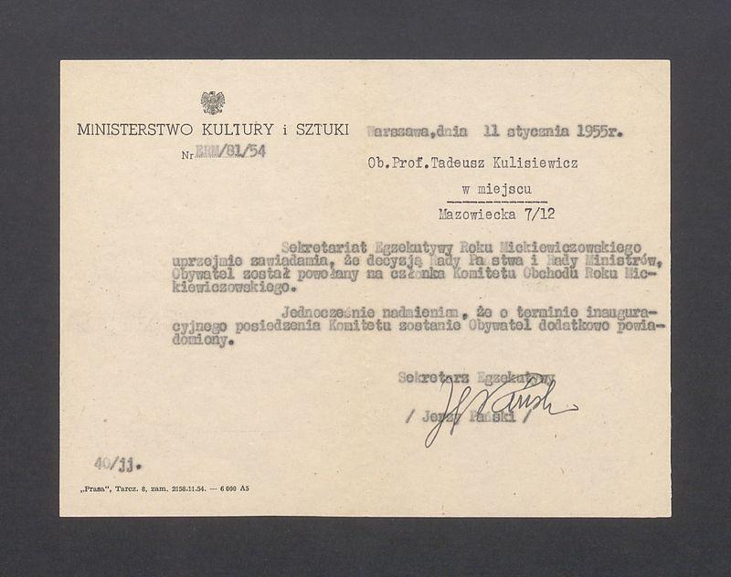 Zawiadomienie o powołaniu na członka Komitetu Obchodu Roku Mickiewiczowskiego