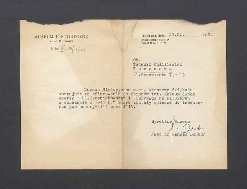 Podziękowanie za ofiarowanie grafik do Muzeum Historycznego m. st. Warszawy