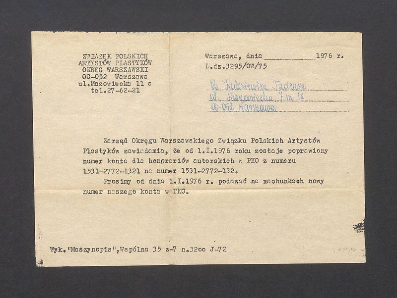 Związek Polskich Artystów Plastyków; zawiadomienie o zmianie numeru konta dla honorariów autorskich