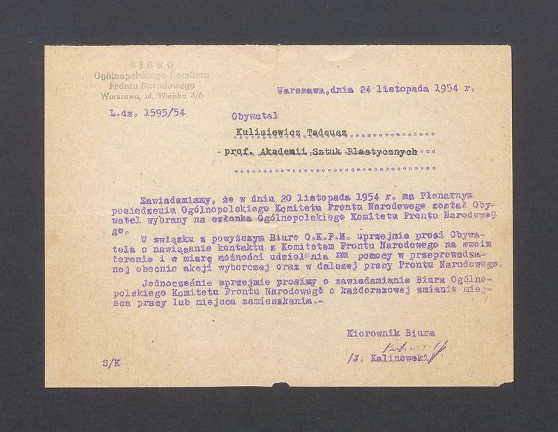 Zawiadomienie o wyborze na członka Ogólnopolskiego Komitetu Frontu Narodowego