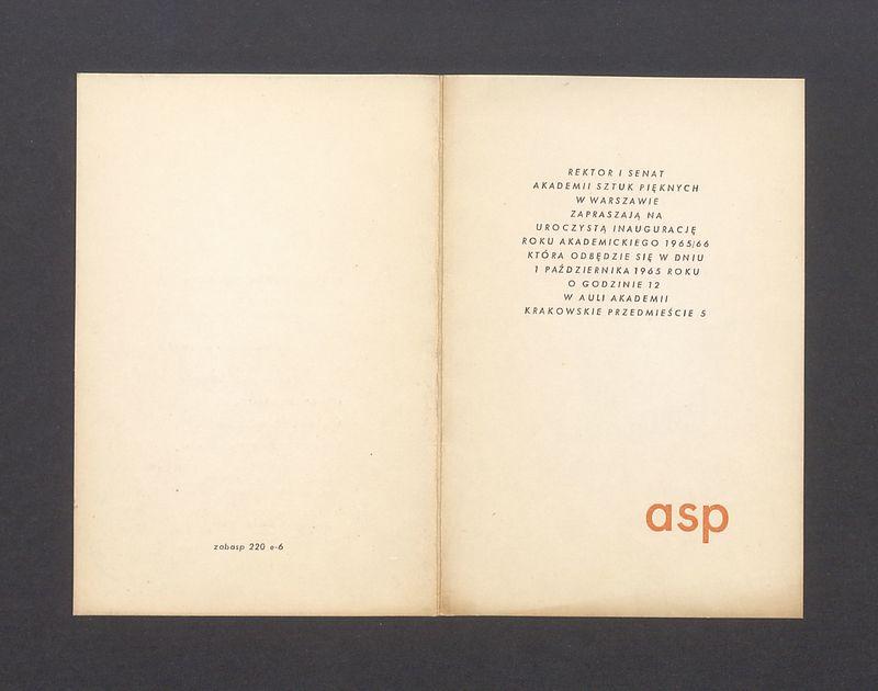 Zaproszenie na inaugurację roku akademickiego 1965/66 na ASP