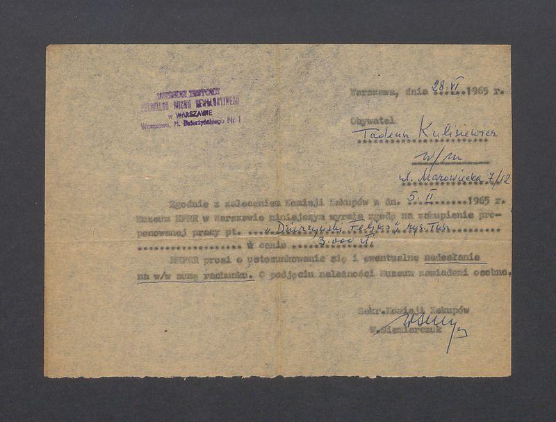 Muzeum Historii polskiego Ruchu Rewolucyjnego w Warszawie: zgoda na zakup pracy "Dzierżyński Feliks"