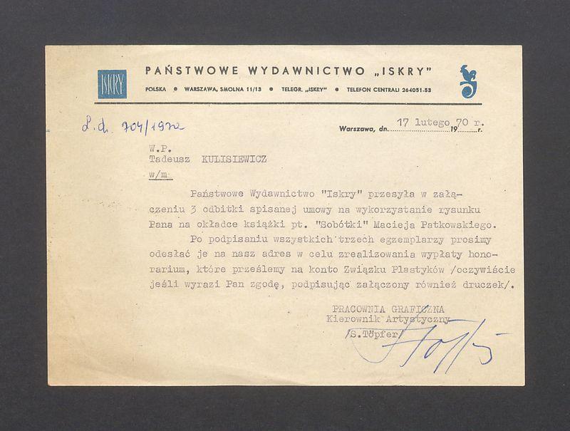 Państwowe Wydawnictwo "Iskry" przesyła w załączeniu 3 odbitki spisanej umowy [...]