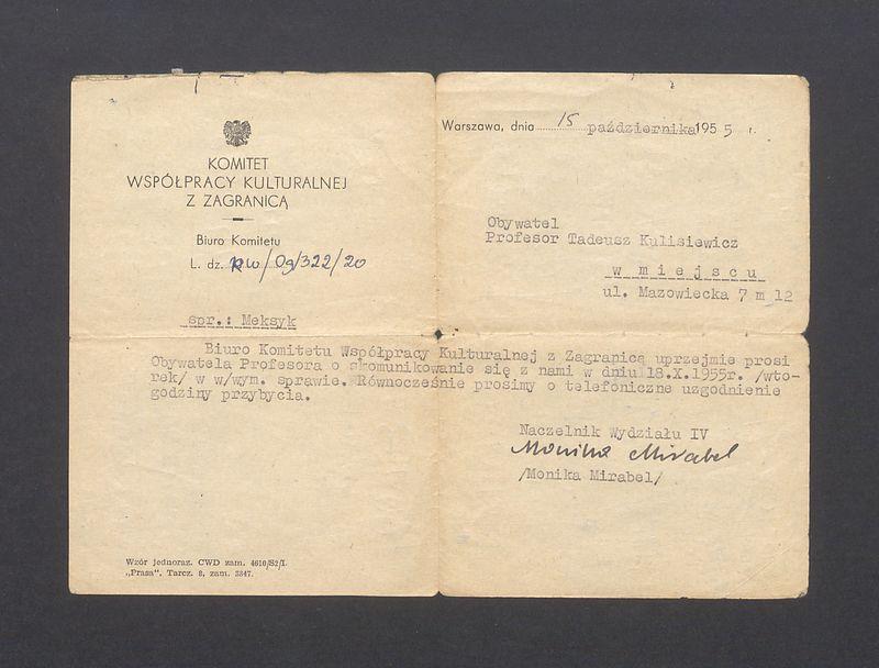 Prośba o kontakt z Biurem Komitetu Współpracy Kulturalnej z Zagranicą