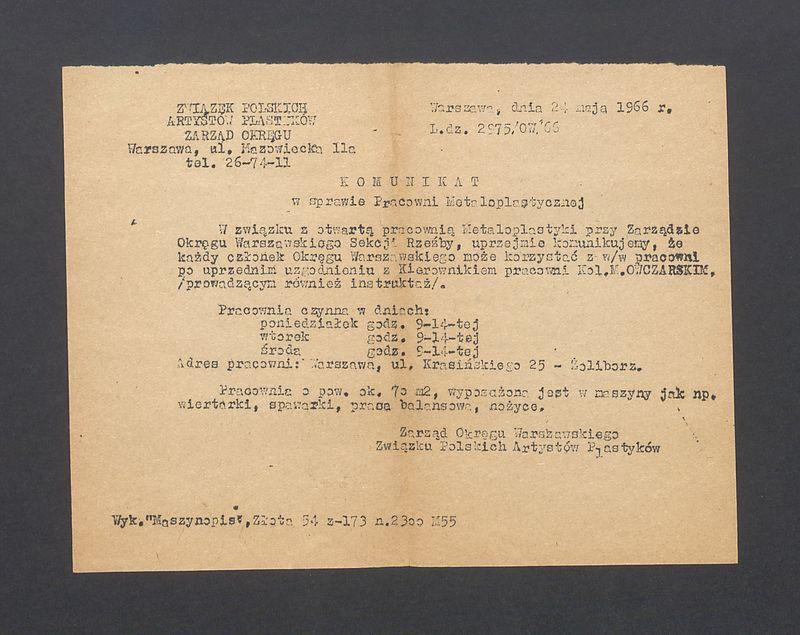 Komunikat ws. pracowni metaloplastycznej