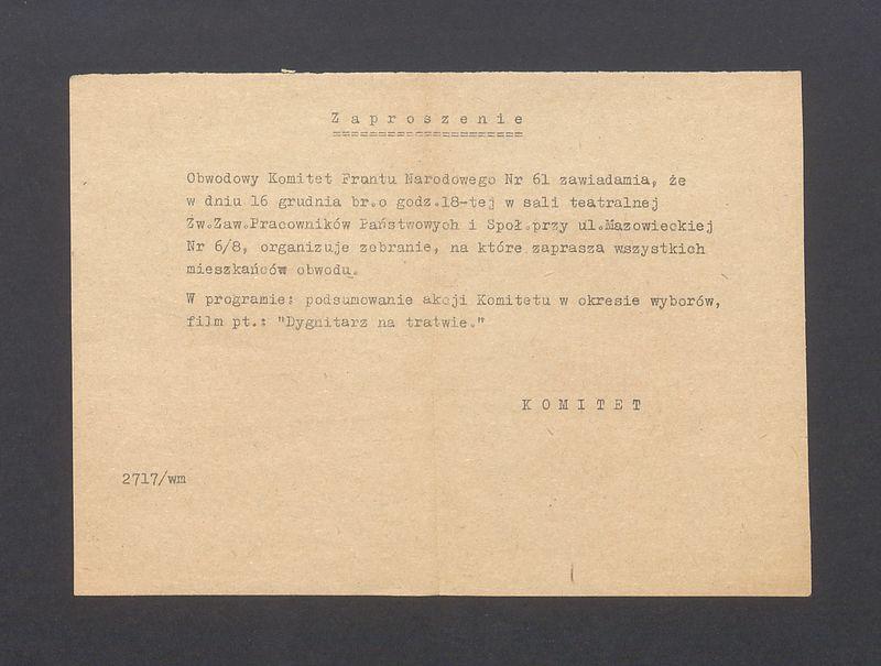 Zaproszenie na zebranie organizowane przez Obwodowy Komitet Frontu Narodowego