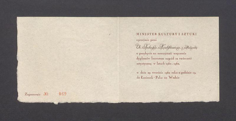 Zaproszenie na uroczystość wręczenia dyplomów za twórczość artystyczną