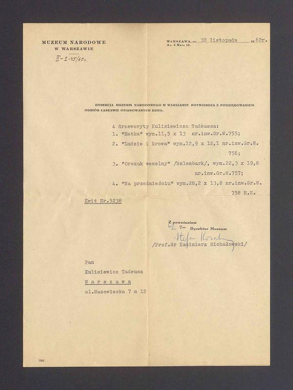 Podziękowanie za ofiarowane dzieła od Dyrekcji Muzeum Narodowego w Warszawie