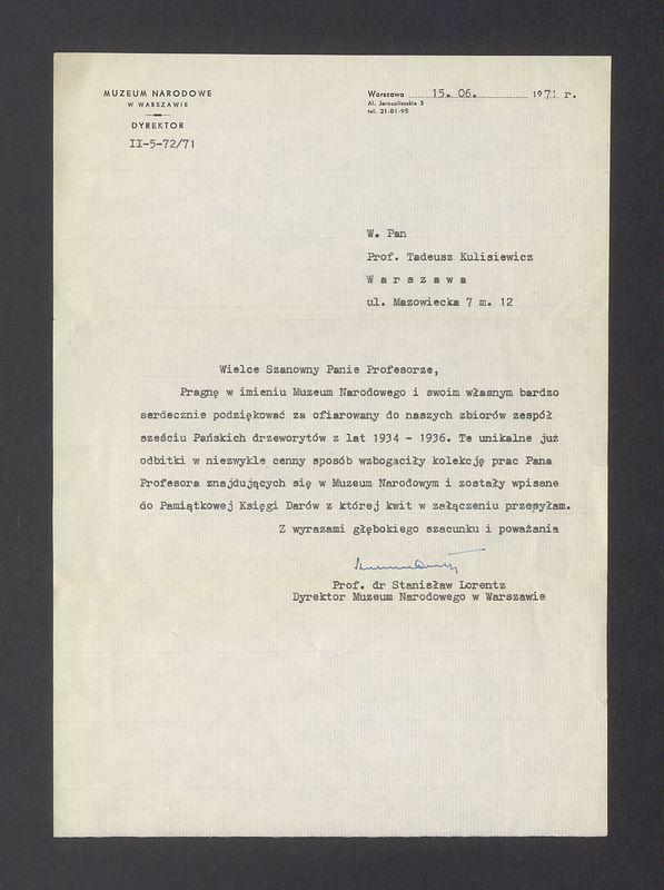 Muzeum Narodowe w Warszawie: podziękowanie za sześć drzeworytów