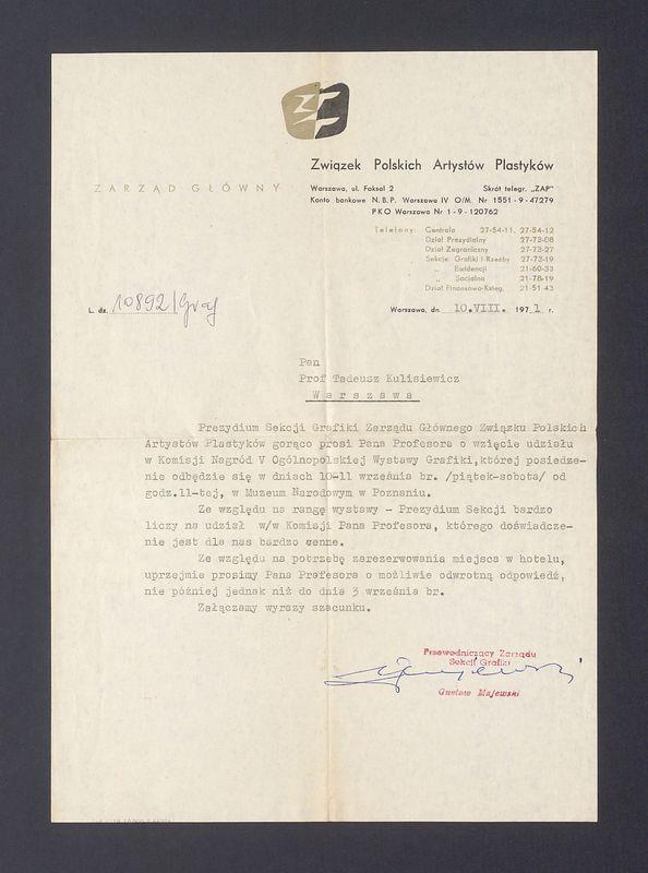 Związek Polskich Artystów Plastyków: prośba o wzięcie udziału w Komisji Nagród V Ogólnopolskiej Wystawy Grafiki