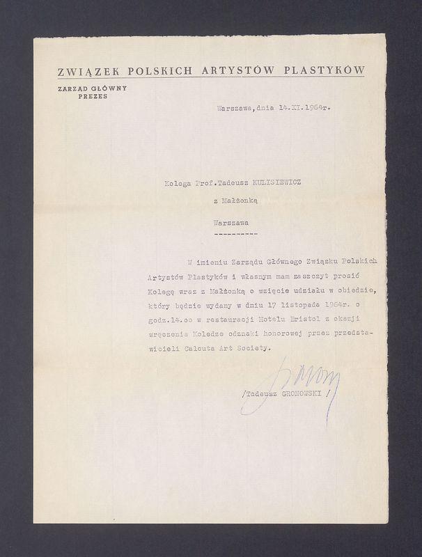 Zaproszenie na obiad z okazji przyznania T. Kulisiewiczowi odznaki honorowej przez Calcuta Art Society