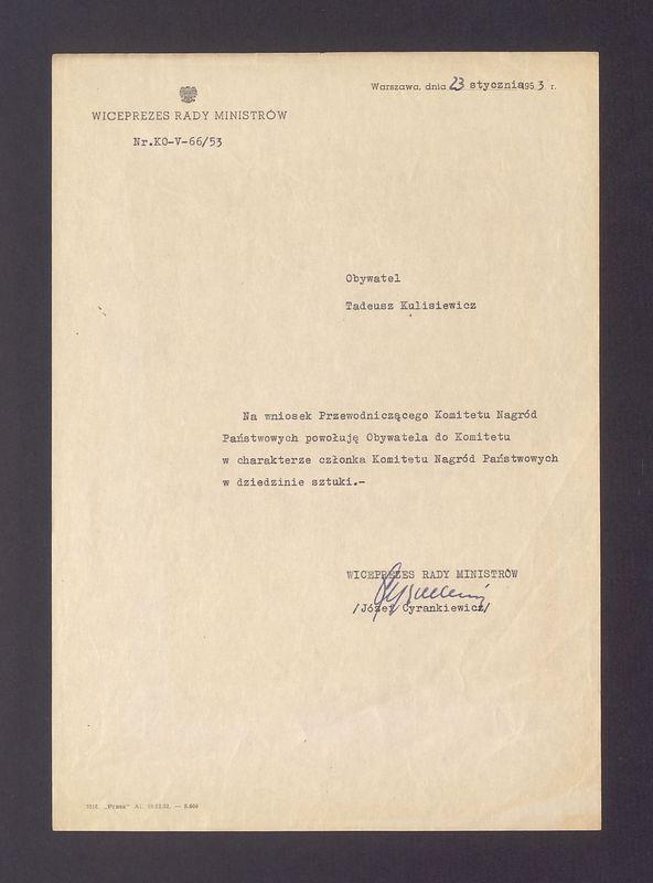 Powołanie do Komitetu Nagród Państwowych w charakterze członka w dziedzinie sztuki