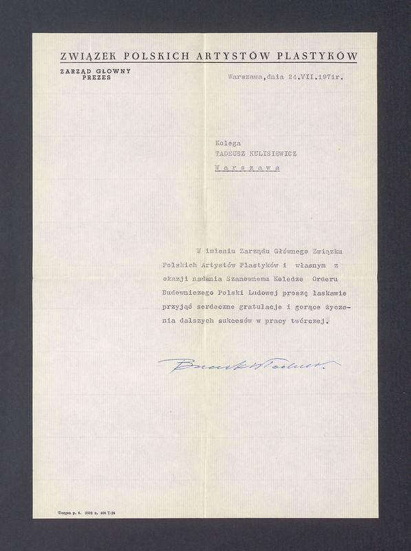 Związek Polskich Artystów Plastyków: gratulacje z okazji nadania Orderu Budowniczego Polski Ludowej