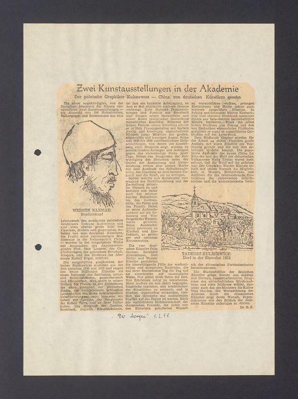 Pressestimmen uber die Ausstellung des polnischen Graphikers Prof. Tadeusz Kulisiewicz