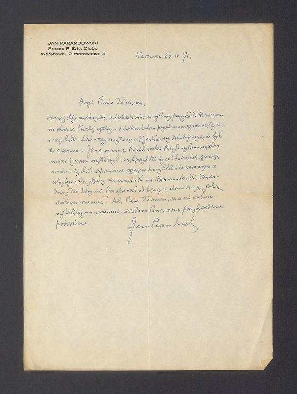 Drogi Panie Tadeuszu, wczoraj oboje czuliśmy się niedobrze [...]