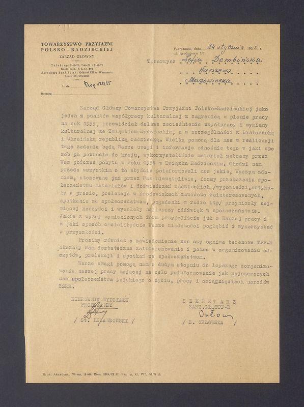 Zarząd Główny Towarzystwa Przyjaźni Polsko-Radzieckiej jako jeden z punktów współpracy [...]