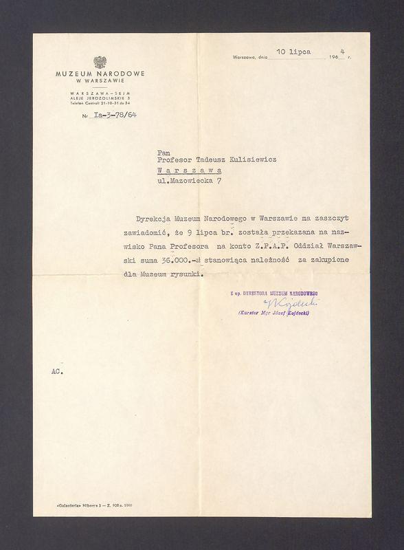 Muzeum Narodowe w Warszawie: informacja o przesłaniu pieniędzy za zakup rysunków