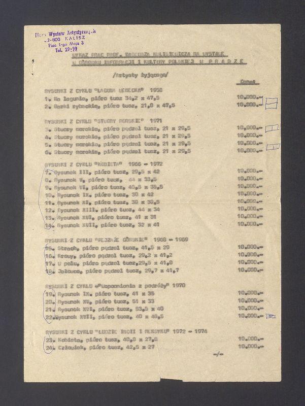 Wykaz prac prof. Tadeusza Kulisiewicza na wystawę w Ośrodku Informacji i Kultury Polskiej w Pradze