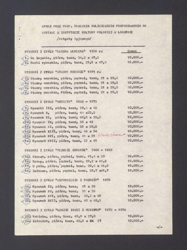 Wykaz prac prof. Tadeusza Kulisiewicza proponowanych na wystawę w Instytucie Kultury Polskiej w Londynie