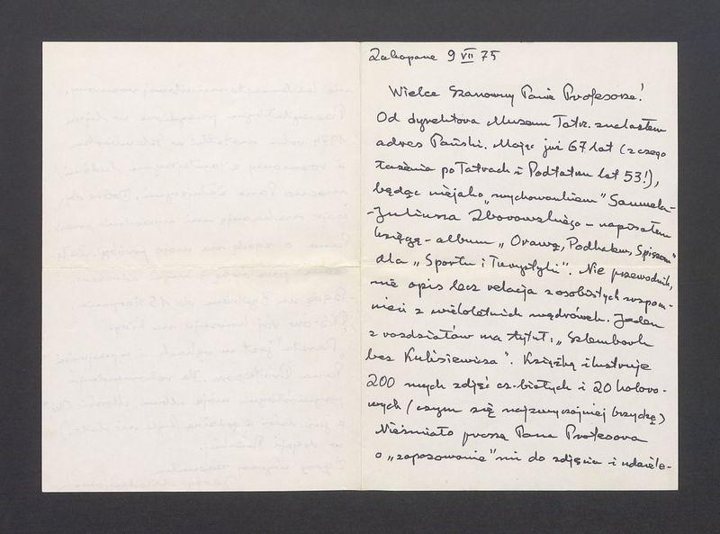 Wielce Szanowny Panie Profesorze! Od Dyrektora Muzeum Tatrz. znalazłam adres Pański [...]